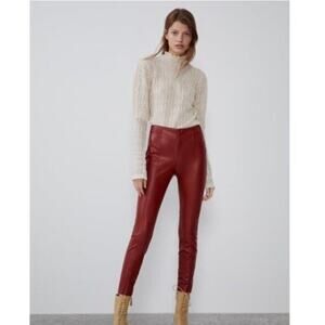 Zara Faux Leather Leggings Dark Red High Rise Skinny Leg with Zippers Vegan XS